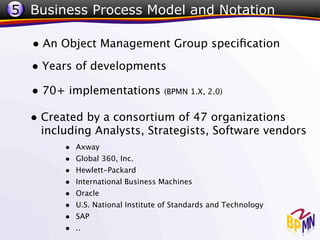 5 Business Process Model and Notation

  • An Object Management Group speciﬁcation
  • Years of developments
  • 70+ implementations (BPMN 1.X, 2.0)
  • Created by a consortium of 47 organizations
    including Analysts, Strategists, Software vendors
        •   Axway
        •   Global 360, Inc.
        •   Hewlett-Packard
        •   International Business Machines
        •   Oracle
        •   U.S. National Institute of Standards and Technology
        •   SAP
        •   ..
 