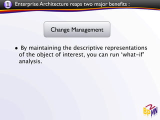 1 Enterprise Architecture reaps two major beneﬁts :


                  Change Management

   • By maintaining the descriptive representations
     of the object of interest, you can run ‘what-if’
     analysis.
 