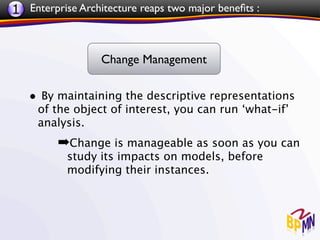 1 Enterprise Architecture reaps two major beneﬁts :


                  Change Management

   • By maintaining the descriptive representations
     of the object of interest, you can run ‘what-if’
     analysis.
         ➡Change is manageable as soon as you can
           study its impacts on models, before
           modifying their instances.
 