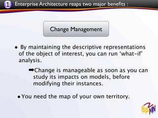 1 Enterprise Architecture reaps two major beneﬁts :


                  Change Management

   • By maintaining the descriptive representations
     of the object of interest, you can run ‘what-if’
     analysis.
         ➡Change is manageable as soon as you can
           study its impacts on models, before
           modifying their instances.

    • You need the map of your own territory.
 