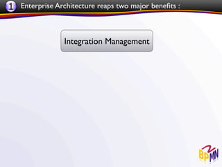 1 Enterprise Architecture reaps two major beneﬁts :


                Integration Management
 