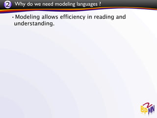 2 Why do we need modeling languages ?
 •Modeling allows efficiency in reading and
   understanding.
 