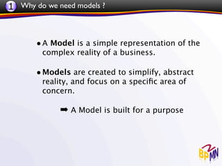 1 Why do we need models ?



       • A Model is a simple representation of the
        complex reality of a business.

       • Models are created to simplify, abstract
        reality, and focus on a speciﬁc area of
        concern.

             ➡ A Model is built for a purpose
 