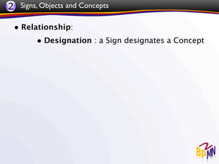 2 Signs, Objects and Concepts

 • Relationship:
       • Designation : a Sign designates a Concept
 
