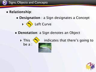 2 Signs, Objects and Concepts

 • Relationship:
       • Designation : a Sign designates a Concept
            ‣        Left Curve

       • Denotation: a Sign denotes an Object
          ‣ This          indicates that there’s going to
            be a :
 