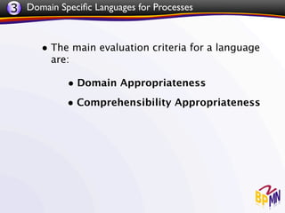 3 Domain Speciﬁc Languages for Processes


      • The main evaluation criteria for a language
        are:

            • Domain Appropriateness
            • Comprehensibility Appropriateness
 