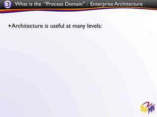 3 What is the “Process Domain” : Enterprise Architecture


 • Architecture is useful at many levels:
 