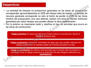 • La cantidad de tiempos no productivos generados en las obras de construcción
corresponden aproximadamente al 25% del tiempo total de trabajo. La pérdida de
recursos generada corresponde no sólo al hecho de perder el 25% de las horas
hombre del presupuesto, sino que además, existen una serie de efectos indirectos
generados por estos tiempos que pueden afectar la obra notablemente.
• Por lo anterior es importante medir y clasificar el tipo de actividad que ocurre en
las obras de construcción:
Trabajo productivo: Es aquel que aporta de manera directa a la producción. Aporta el
VALOR al producto final.
Trabajo contributorio: Consiste en actividades de apoyo para que puedan realizarse los
trabajos productivos. Un ejemplo puede ser la lectura de planos en obra.
Trabajo no contributorio: Se refiere a toda actividad que no aporta valor al producto ni
contribuye a que el trabajo productivo se desarrolle. De esta categoría obtenemos los
DESPERDICIOS
Desperdicios
Lean Construction - Módulo 1: Bases Lean y Mejora Continua Universidad de Chile - FCFM
 