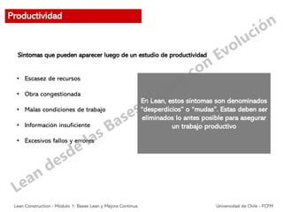Síntomas que pueden aparecer luego de un estudio de productividad
• Escasez de recursos
• Obra congestionada
• Malas condiciones de trabajo
• Información insuficiente
• Excesivos fallos y errores
En Lean, estos síntomas son denominados
“desperdicios” o “mudas”. Estas deben ser
eliminados lo antes posible para asegurar
un trabajo productivo
Productividad
Lean Construction - Módulo 1: Bases Lean y Mejora Continua Universidad de Chile - FCFM
 