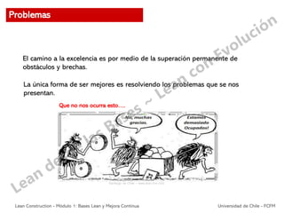 El camino a la excelencia es por medio de la superación permanente de
obstáculos y brechas.
La única forma de ser mejores es resolviendo los problemas que se nos
presentan.
Que no nos ocurra esto….
Problemas
Lean Construction - Módulo 1: Bases Lean y Mejora Continua Universidad de Chile - FCFM
 