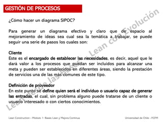 ¿Cómo hacer un diagrama SIPOC?
Para generar un diagrama efectivo y claro que de espacio al
mejoramiento de ideas sea cual sea la temática a trabajar, se puede
seguir una serie de pasos los cuales son:
Cliente
Este es el encargado de establecer las necesidades, es decir, aquel que le
dará valor a los procesos que puedan ser incluidos para alcanzar una
meta y pueden ser establecidos en diferentes áreas, siendo la prestación
de servicios una de las más comunes de este tipo.
Definición de proveedor
En este punto se define quien será el individuo o usuario capaz de generar
las entradas, el cual, sin problema alguno puede tratarse de un cliente o
usuario interesado o con ciertos conocimientos.
GESTIÓN DE PROCESOS
Lean Construction - Módulo 1: Bases Lean y Mejora Continua Universidad de Chile - FCFM
 