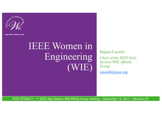 Dajana Cassioli
Chair of the IEEE Italy
Section WIE Affinity
Group
cassioli@ieee.org
IEEE Women in
Engineering
(WIE)
IEEE RTSI2017 - 1st IEEE Italy Section WIE Affinity Group meeting – September 13, 2017 – Modena (IT)
 