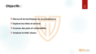 Objectifs :
 Découvrir les techniques de reconnaissance
 Explorer les hôtes et services
 Scanner des ports et vulnérabilités
 Analyser le trafic réseau
2
 