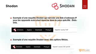 Shodan 22
► Exemple d’une requête Shodan qui renvoie une liste d’adresses IP
pour les appareils exécutant Apache dans le pays spécifié : États-
Unis.
► Exemple d’une requête Shodan avec des options filtrées.
 