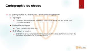 Cartographie du réseau
► La cartographie du réseau est l’effort de cartographie
► Topologie
► Comment les composants du réseau sont connectés les uns aux autres pour
construire le réseau.
► Périphériques réseau
► Types, marques, versions, etc.
► Ordinateurs et services
► Ordinateurs et leur emplacement, fournisseurs et modèles de fonctionnement du
système d’exploitation.'s, published services
31
 