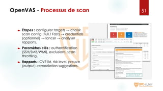 OpenVAS - Processus de scan
► Étapes : configurer targets → choisir
scan config (Full / Fast) → credentials
(optionnel) → lancer → analyser
rapports.
► Paramètres clés : authentification
(SSH/SMB/WMI), exclusions, scan
throttling.
► Rapports : CVE list, risk level, preuve
(output), remediation suggestions.
51
 