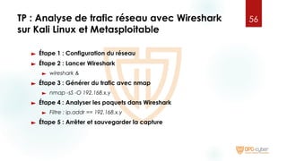 TP : Analyse de trafic réseau avec Wireshark
sur Kali Linux et Metasploitable
► Étape 1 : Configuration du réseau
► Étape 2 : Lancer Wireshark
► wireshark &
► Étape 3 : Générer du trafic avec nmap
► nmap -sS -O 192.168.x.y
► Étape 4 : Analyser les paquets dans Wireshark
► Filtre : ip.addr == 192.168.x.y
► Étape 5 : Arrêter et sauvegarder la capture
56
 