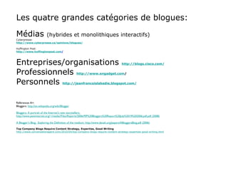 Les quatre grandes catégories de blogues: Médias  (hybrides et monolithiques interactifs) Cyberpresse: http://www.cyberpresse.ca/opinions/blogues/ Huffington Post: http://www.huffingtonpost.com / Entreprises/organisations  http://blogs.cisco.com/ Professionnels  http://www.engadget.com / Personnels  http://jeanfrancoislabadie.blogspot.com/ Références A+: Bloggers:  http://en.wikipedia.org/wiki/Blogger Bloggers: A portrait of the Internet’s new storytellers:   http://www.pewinternet.org/~/media//Files/Reports/2006/PIP%20Bloggers%20Report%20July%2019%202006.pdf.pdf (2008) A Blogger’s Blog:  Exploring the Definition of the medium:  http://www.danah.org/papers/ABloggersBlog.pdf (2006) Top Company Blogs Require Content Strategy, Expertise, Good Writing http://www.conversationagent.com/2010/04/top-company-blogs-require-content-strategy-expertise-good-writing.html 