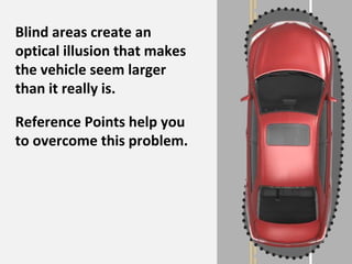 Blind areas create an
optical illusion that makes
the vehicle seem larger
than it really is.
Reference Points help you
to overcome this problem.
Line of Vision
Blind Area