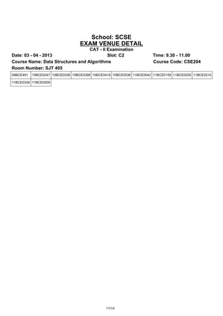 School: SCSE
                                  EXAM VENUE DETAIL
                                  CAT - II Examination
Date: 03 - 04 - 2013                       Slot: C2                   Time: 9.30 - 11.00
Course Name: Data Structures and Algorithms                           Course Code: CSE204
Room Number: SJT 405
09BCE491   10BCE0247 10BCE0338 10BCE0398 10BCE0418 10BCE0536 11BCE0042 11BCE0159 11BCE0205 11BCE0210

11BCE0326 11BCE0509




                                               11/14
 