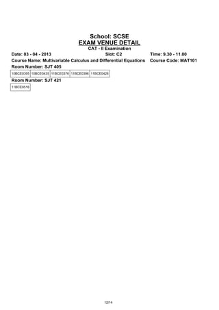 School: SCSE
                                 EXAM VENUE DETAIL
                                   CAT - II Examination
Date: 03 - 04 - 2013                        Slot: C2             Time: 9.30 - 11.00
Course Name: Multivariable Calculus and Differential Equations   Course Code: MAT101
Room Number: SJT 405
10BCE0395 10BCE0435 11BCE0376 11BCE0396 11BCE0426

Room Number: SJT 421
11BCE0516




                                              12/14
 