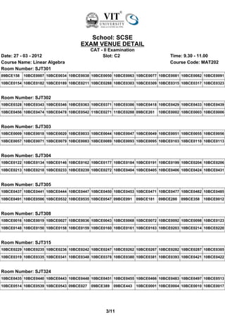 School: SCSE
                                    EXAM VENUE DETAIL
                                         CAT - II Examination
Date: 27 - 03 - 2012                          Slot: C2                          Time: 9.30 - 11.00
Course Name: Linear Algebra                                                     Course Code: MAT202
Room Number: SJT301
09BCE158   10BCE0007 10BCE0034 10BCE0038 10BCE0050 10BCE0063 10BCE0077 10BCE0081 10BCE0082 10BCE0091
10BCE0154 10BCE0182 10BCE0189 10BCE0211 10BCE0288 10BCE0303 10BCE0309 10BCE0315 10BCE0317 10BCE0323


Room Number: SJT302
10BCE0328 10BCE0343 10BCE0346 10BCE0363 10BCE0371 10BCE0386 10BCE0418 10BCE0429 10BCE0433 10BCE0439
10BCE0456 10BCE0474 10BCE0478 10BCE0542 11BCE0271 11BCE0288 09BCE261       10BCE0002 10BCE0003 10BCE0006


Room Number: SJT303
10BCE0009 10BCE0018 10BCE0020 10BCE0033 10BCE0044 10BCE0047 10BCE0049 10BCE0051 10BCE0055 10BCE0056
10BCE0057 10BCE0071 10BCE0079 10BCE0083 10BCE0089 10BCE0093 10BCE0095 10BCE0103 10BCE0110 10BCE0113


Room Number: SJT304
10BCE0122 10BCE0134 10BCE0146 10BCE0162 10BCE0177 10BCE0184 10BCE0191 10BCE0199 10BCE0204 10BCE0206
10BCE0213 10BCE0218 10BCE0233 10BCE0239 10BCE0272 10BCE0404 10BCE0405 10BCE0406 10BCE0424 10BCE0431


Room Number: SJT305
10BCE0437 10BCE0441 10BCE0444 10BCE0447 10BCE0450 10BCE0453 10BCE0471 10BCE0477 10BCE0482 10BCE0485
10BCE0491 10BCE0506 10BCE0532 10BCE0535 10BCE0547 09BCE091      09BCE181   09BCE280   09BCE358   10BCE0012


Room Number: SJT308
10BCE0016 10BCE0019 10BCE0027 10BCE0036 10BCE0043 10BCE0068 10BCE0072 10BCE0092 10BCE0098 10BCE0123
10BCE0148 10BCE0150 10BCE0158 10BCE0159 10BCE0160 10BCE0161 10BCE0163 10BCE0203 10BCE0214 10BCE0220


Room Number: SJT315
10BCE0229 10BCE0235 10BCE0236 10BCE0242 10BCE0247 10BCE0262 10BCE0267 10BCE0282 10BCE0287 10BCE0305
10BCE0319 10BCE0335 10BCE0341 10BCE0348 10BCE0378 10BCE0380 10BCE0381 10BCE0393 10BCE0421 10BCE0422


Room Number: SJT324
10BCE0435 10BCE0440 10BCE0443 10BCE0448 10BCE0451 10BCE0455 10BCE0466 10BCE0483 10BCE0497 10BCE0513
10BCE0514 10BCE0539 10BCE0543 09BCE027   09BCE389   09BCE443    10BCE0001 10BCE0004 10BCE0010 10BCE0017




                                                3/11
 