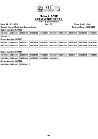 School: SCSE
                                      EXAM VENUE DETAIL
                                            CAT - II Examination
Date: 27 - 03 - 2012                             Slot: C2                         Time: 9.30 - 11.00
Course Name: Business Accountancy                                               Course Code: 09BCS306
Room Number: SJT409
09BCS001   09BCS002   09BCS003   09BCS005   09BCS006   09BCS007    09BCS008   09BCS009   09BCS010   09BCS011
09BCS012
Room Number: SJT415
09BCS013   09BCS014   09BCS015   09BCS016   09BCS017   09BCS018    09BCS019   09BCS020   09BCS021   09BCS022
09BCS023   09BCS024   09BCS025   09BCS026   09BCS027   09BCS028    09BCS029   09BCS030   09BCS031   09BCS032


Room Number: SJT421
09BCS033   09BCS035   09BCS036   09BCS037   09BCS038   09BCS039    09BCS040   09BCS041   09BCS042   09BCS043
09BCS044   09BCS045   09BCS046   09BCS047   09BCS048   09BCS049
Room Number: SJT422
09BCS050   08BCS087   07BCS001




                                                   7/11
 