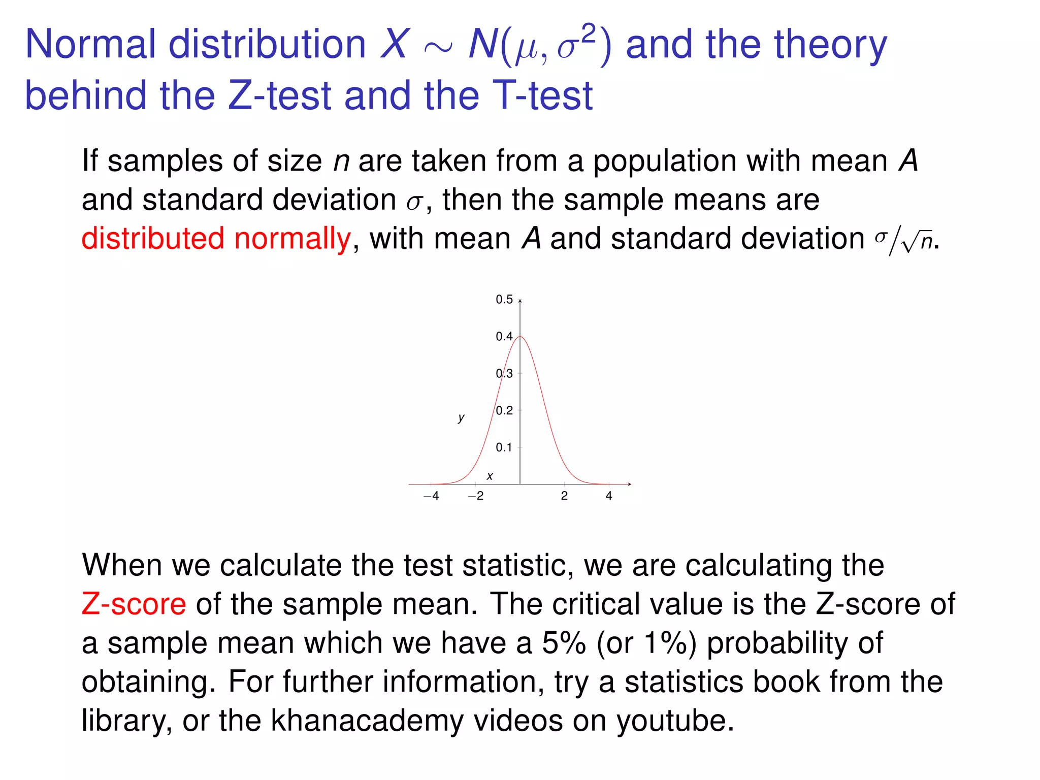 Normal distribution X ∼ N(µ, σ2
) and the theory
behind the Z-test and the T-test
If samples of size n are taken from a population with mean A
and standard deviation σ, then the sample means are
distributed normally, with mean A and standard deviation σ/
√
n.
−4 −2 2 4
0.1
0.2
0.3
0.4
0.5
x
y
When we calculate the test statistic, we are calculating the
Z-score of the sample mean. The critical value is the Z-score of
a sample mean which we have a 5% (or 1%) probability of
obtaining. For further information, try a statistics book from the
library, or the khanacademy videos on youtube.
 