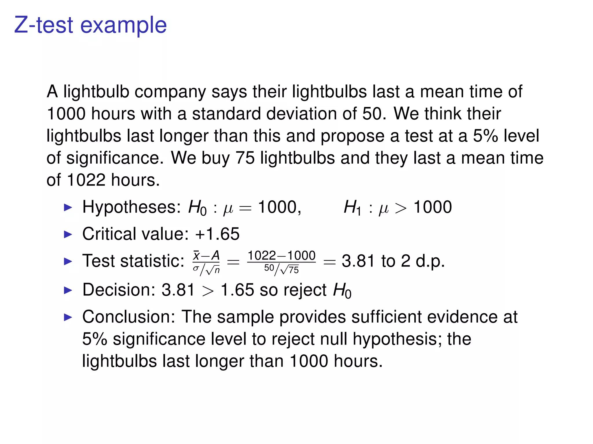 Z-test example
A lightbulb company says their lightbulbs last a mean time of
1000 hours with a standard deviation of 50. We think their
lightbulbs last longer than this and propose a test at a 5% level
of signiﬁcance. We buy 75 lightbulbs and they last a mean time
of 1022 hours.
Hypotheses: H0 : µ = 1000, H1 : µ > 1000
Critical value: +1.65
Test statistic: ¯x−A
σ/
√
n
= 1022−1000
50/
√
75
= 3.81 to 2 d.p.
Decision: 3.81 > 1.65 so reject H0
Conclusion: The sample provides sufﬁcient evidence at
5% signiﬁcance level to reject null hypothesis; the
lightbulbs last longer than 1000 hours.
 