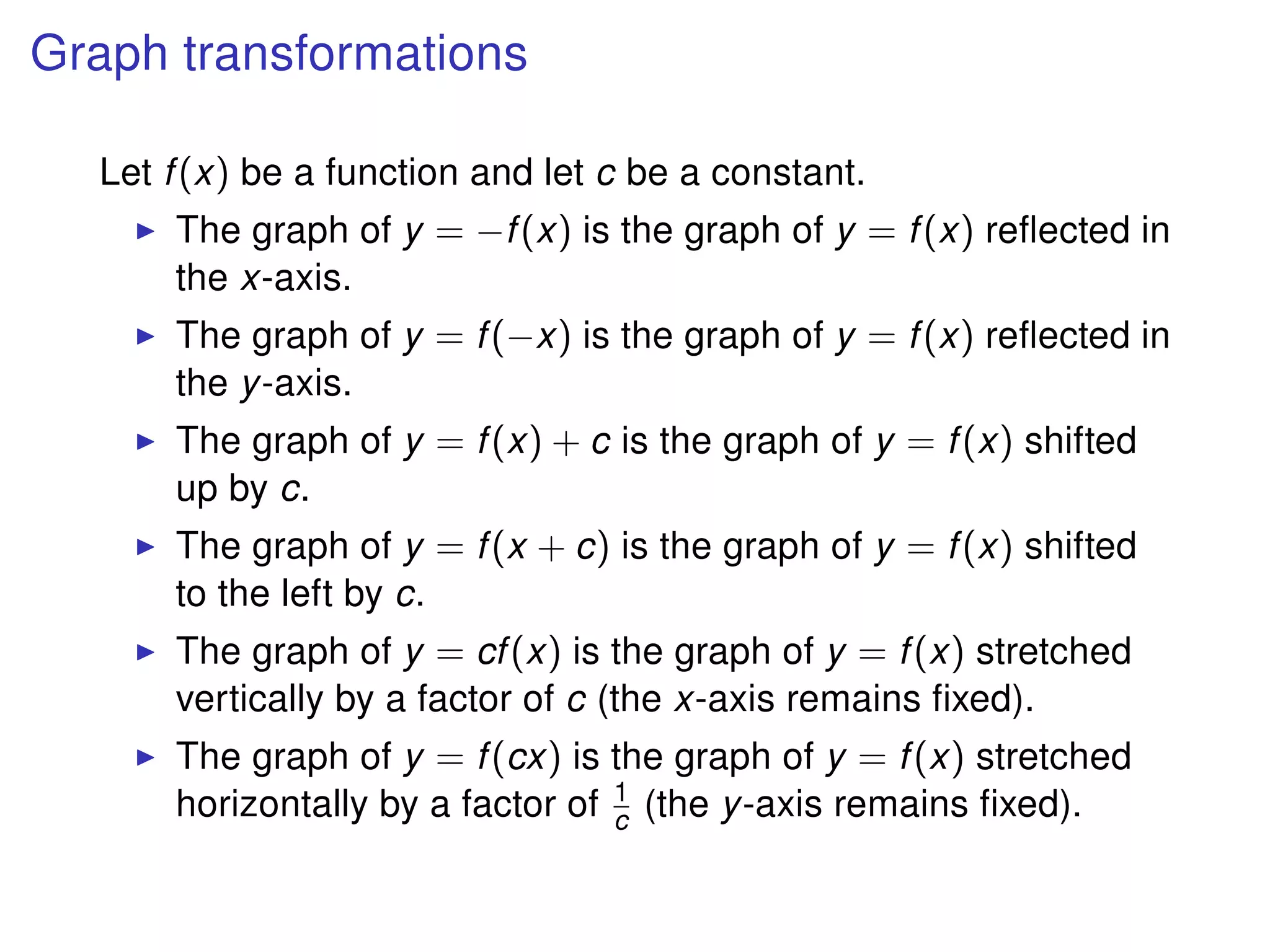 Graph transformations
Let f(x) be a function and let c be a constant.
The graph of y = −f(x) is the graph of y = f(x) reﬂected in
the x-axis.
The graph of y = f(−x) is the graph of y = f(x) reﬂected in
the y-axis.
The graph of y = f(x) + c is the graph of y = f(x) shifted
up by c.
The graph of y = f(x + c) is the graph of y = f(x) shifted
to the left by c.
The graph of y = cf(x) is the graph of y = f(x) stretched
vertically by a factor of c (the x-axis remains ﬁxed).
The graph of y = f(cx) is the graph of y = f(x) stretched
horizontally by a factor of 1
c (the y-axis remains ﬁxed).
 