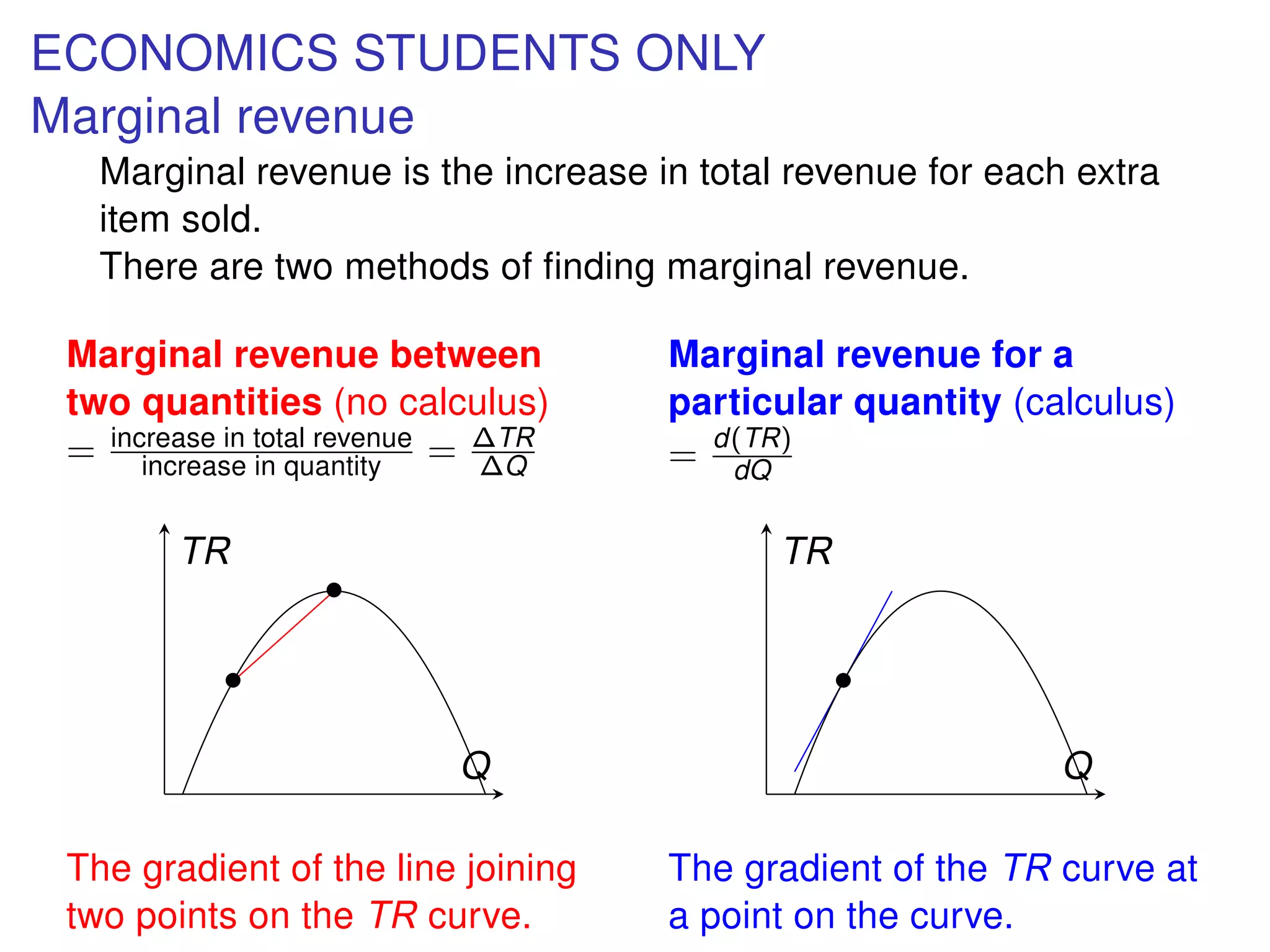ECONOMICS STUDENTS ONLY
Marginal revenue
Marginal revenue is the increase in total revenue for each extra
item sold.
There are two methods of ﬁnding marginal revenue.
Marginal revenue between
two quantities (no calculus)
= increase in total revenue
increase in quantity = ∆TR
∆Q
•
•
Q
TR
The gradient of the line joining
two points on the TR curve.
Marginal revenue for a
particular quantity (calculus)
= d(TR)
dQ
•
Q
TR
The gradient of the TR curve at
a point on the curve.
 