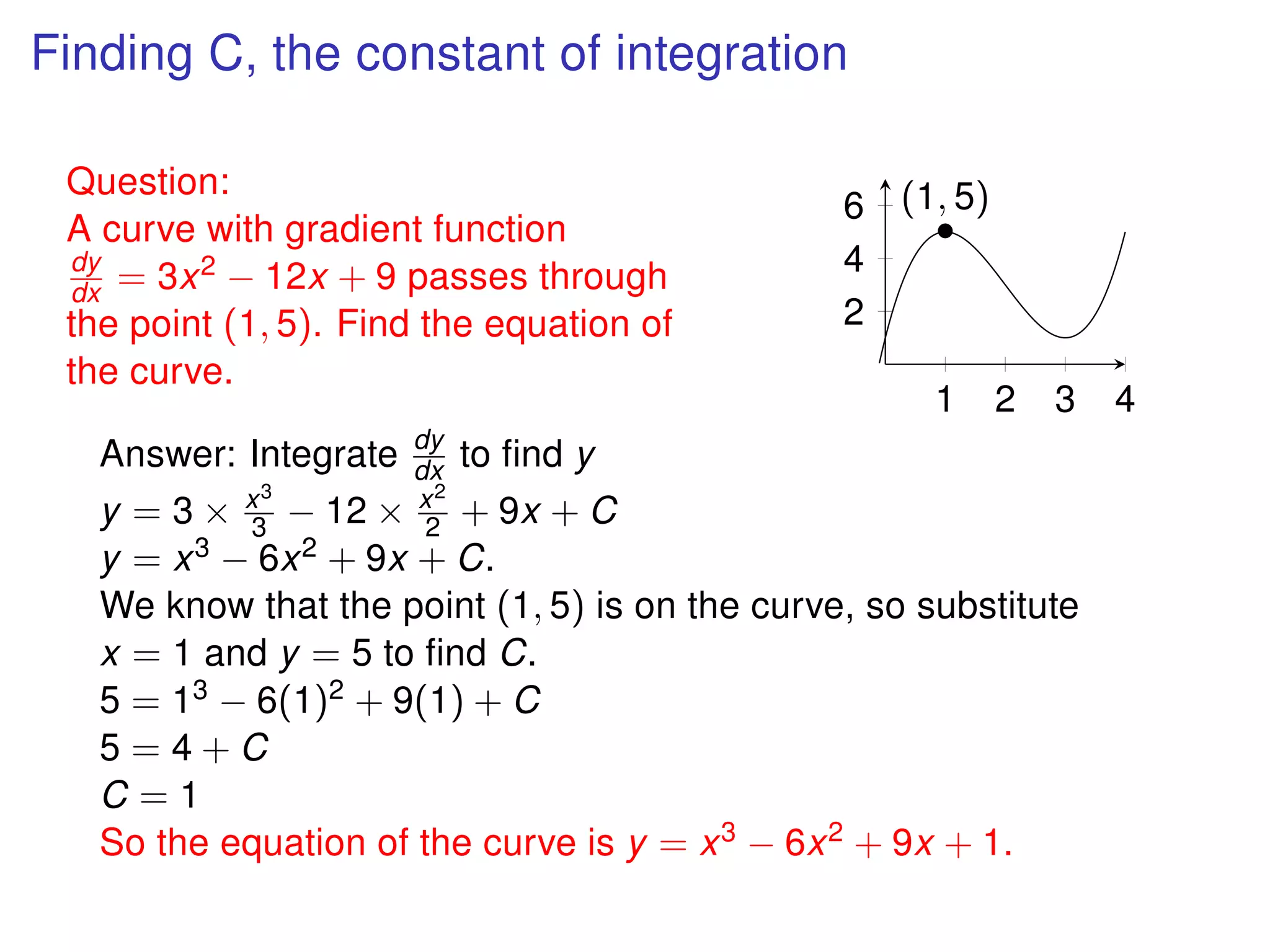 Finding C, the constant of integration
Question:
A curve with gradient function
dy
dx = 3x2 − 12x + 9 passes through
the point (1, 5). Find the equation of
the curve.
1 2 3 4
2
4
6
•
(1, 5)
Answer: Integrate dy
dx to ﬁnd y
y = 3 × x3
3 − 12 × x2
2 + 9x + C
y = x3 − 6x2 + 9x + C.
We know that the point (1, 5) is on the curve, so substitute
x = 1 and y = 5 to ﬁnd C.
5 = 13 − 6(1)2 + 9(1) + C
5 = 4 + C
C = 1
So the equation of the curve is y = x3 − 6x2 + 9x + 1.
 