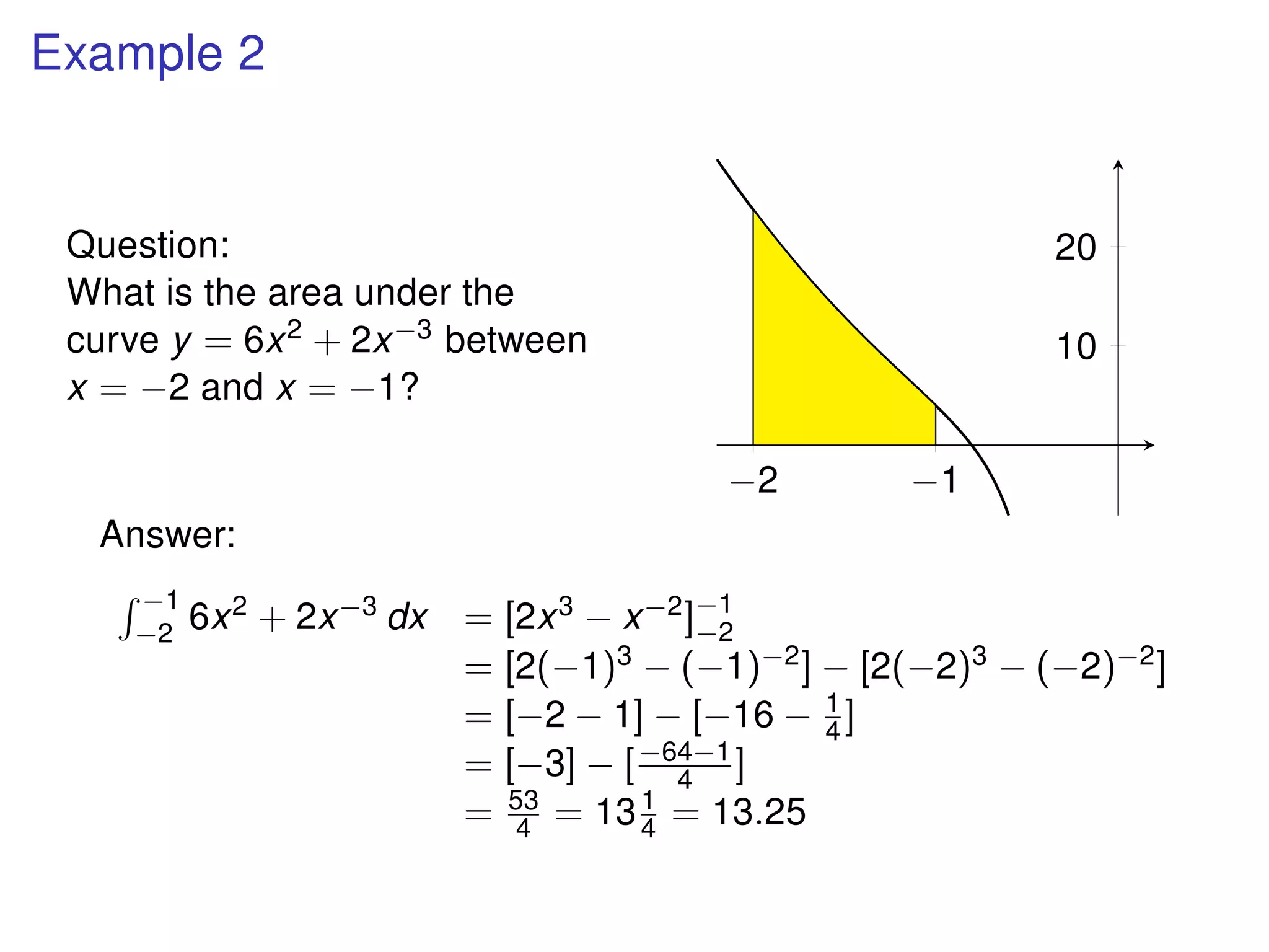 Example 2
Question:
What is the area under the
curve y = 6x2 + 2x−3 between
x = −2 and x = −1?
−2 −1
10
20
Answer:
−1
−2 6x2 + 2x−3 dx = [2x3 − x−2]−1
−2
= [2(−1)3 − (−1)−2] − [2(−2)3 − (−2)−2]
= [−2 − 1] − [−16 − 1
4 ]
= [−3] − [−64−1
4 ]
= 53
4 = 131
4 = 13.25
 