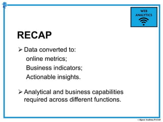 RECAP
 Data converted to:
online metrics;
Business indicators;
Actionable insights.
 Analytical and business capabilities
required across different functions.
 