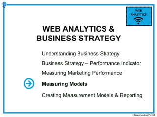 Understanding Business Strategy
Business Strategy – Performance Indicator
Measuring Marketing Performance
Measuring Models
Creating Measurement Models & Reporting
WEB ANALYTICS &
BUSINESS STRATEGY
 