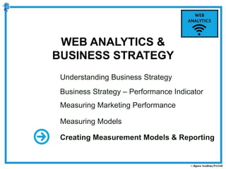 Understanding Business Strategy
Business Strategy – Performance Indicator
Measuring Marketing Performance
Measuring Models
Creating Measurement Models & Reporting
WEB ANALYTICS &
BUSINESS STRATEGY
 
