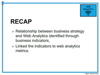 RECAP
 Relationship between business strategy
and Web Analytics identified through
business indicators,
 Linked the indicators to web analytics
metrics.
 