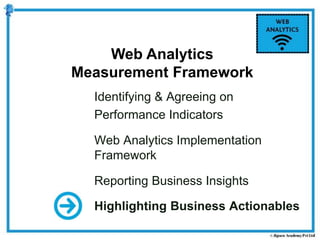 Identifying & Agreeing on
Performance Indicators
Web Analytics Implementation
Framework
Reporting Business Insights
Highlighting Business Actionables
Web Analytics
Measurement Framework
 