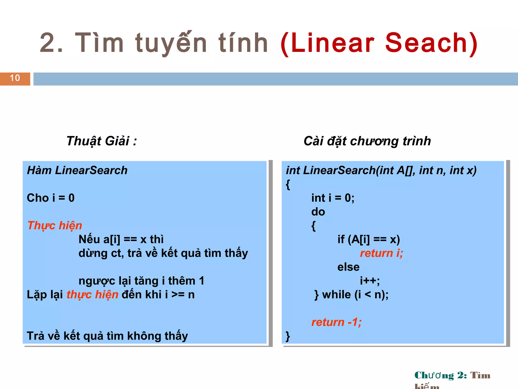 Ch ng 2:ươ Tìm
2. Tìm tuyến tính (Linear Seach)
10
Thuật Giải :
Hàm LinearSearch
Cho i = 0
Thực hiện
Nếu a[i] == x thì
dừng ct, trả về kết quả tìm thấy
ngược lại tăng i thêm 1
Lặp lại thực hiện đến khi i >= n
Trả về kết quả tìm không thấy
Hàm LinearSearch
Cho i = 0
Thực hiện
Nếu a[i] == x thì
dừng ct, trả về kết quả tìm thấy
ngược lại tăng i thêm 1
Lặp lại thực hiện đến khi i >= n
Trả về kết quả tìm không thấy
int LinearSearch(int A[], int n, int x)
{
int i = 0;
do
{
if (A[i] == x)
return i;
else
i++;
} while (i < n);
return -1;
}
int LinearSearch(int A[], int n, int x)
{
int i = 0;
do
{
if (A[i] == x)
return i;
else
i++;
} while (i < n);
return -1;
}
Cài đặt chương trình
 