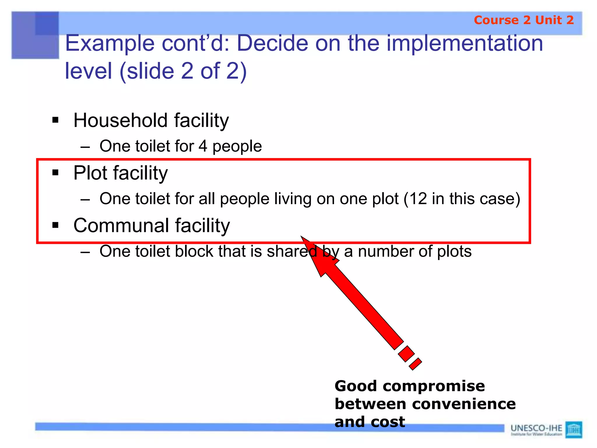 Example cont’d: Decide on the implementation
level (slide 2 of 2)
 Household facility
– One toilet for 4 people
 Plot facility
– One toilet for all people living on one plot (12 in this case)
 Communal facility
– One toilet block that is shared by a number of plots
Good compromise
between convenience
and cost
Course 2 Unit 2
 