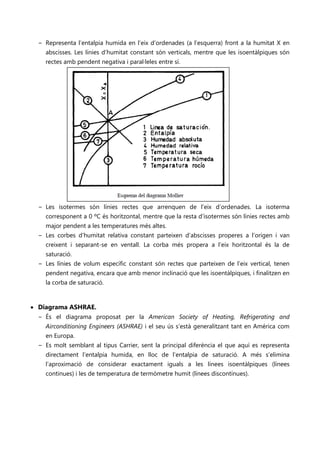 − Representa l’entalpia humida en l’eix d’ordenades (a l’esquerra) front a la humitat X en
     abscisses. Les línies d’humitat constant són verticals, mentre que les isoentàlpiques són
     rectes amb pendent negativa i paral·leles entre sí.




  − Les isotermes són línies rectes que arrenquen de l’eix d’ordenades. La isoterma
     corresponent a 0 ºC és horitzontal, mentre que la resta d’isotermes són línies rectes amb
     major pendent a les temperatures més altes.
  − Les corbes d’humitat relativa constant parteixen d’abscisses properes a l’origen i van
     creixent i separant-se en ventall. La corba més propera a l’eix horitzontal és la de
     saturació.
  − Les línies de volum específic constant són rectes que parteixen de l’eix vertical, tenen
     pendent negativa, encara que amb menor inclinació que les isoentàlpiques, i finalitzen en
     la corba de saturació.


• Diagrama ASHRAE.
  − És el diagrama proposat per la American Society of Heating, Refrigerating and
    Airconditioning Engineers (ASHRAE) i el seu ús s’està generalitzant tant en América com
    en Europa.
  − Es molt semblant al tipus Carrier, sent la principal diferència el que aquí es representa
    directament l’entalpia humida, en lloc de l’entalpia de saturació. A més s’elimina
    l’aproximació de considerar exactament iguals a les línees isoentàlpiques (línees
    continues) i les de temperatura de termòmetre humit (línees discontínues).
 