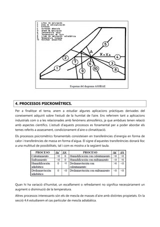 4. PROCESSOS PSICROMÈTRICS.
Per a finalitzar el tema, anem a estudiar algunes aplicacions pràctiques derivades del
coneixement adquirit sobre l’estudi de la humitat de l’aire. Ens referirem tant a aplicacions
industrials com o a les relacionades amb fenòmens atmosfèrics, ja que ambdues tenen relació
amb aspectes científics. L’estudi d’aquests processos es fonamental per a poder abordar els
temes referits a assecament, condicionament d’aire o climatització.

Els processos psicromètrics fonamentals consisteixen en transferències d’energia en forma de
calor i transferències de massa en forma d’aigua. El signe d’aquestes transferències donarà lloc
a una multitud de possibilitats, tal i com es mostra a la següent taula.




Quan hi ha variació d’humitat, un escalfament o refredament no significa necessàriament un
augment o disminució de la temperatura.

Altres processos interessants són els de mescla de masses d’aire amb distintes propietats. En la
secció 4.4 estudiarem el cas particular de mescla adiabàtica.
 