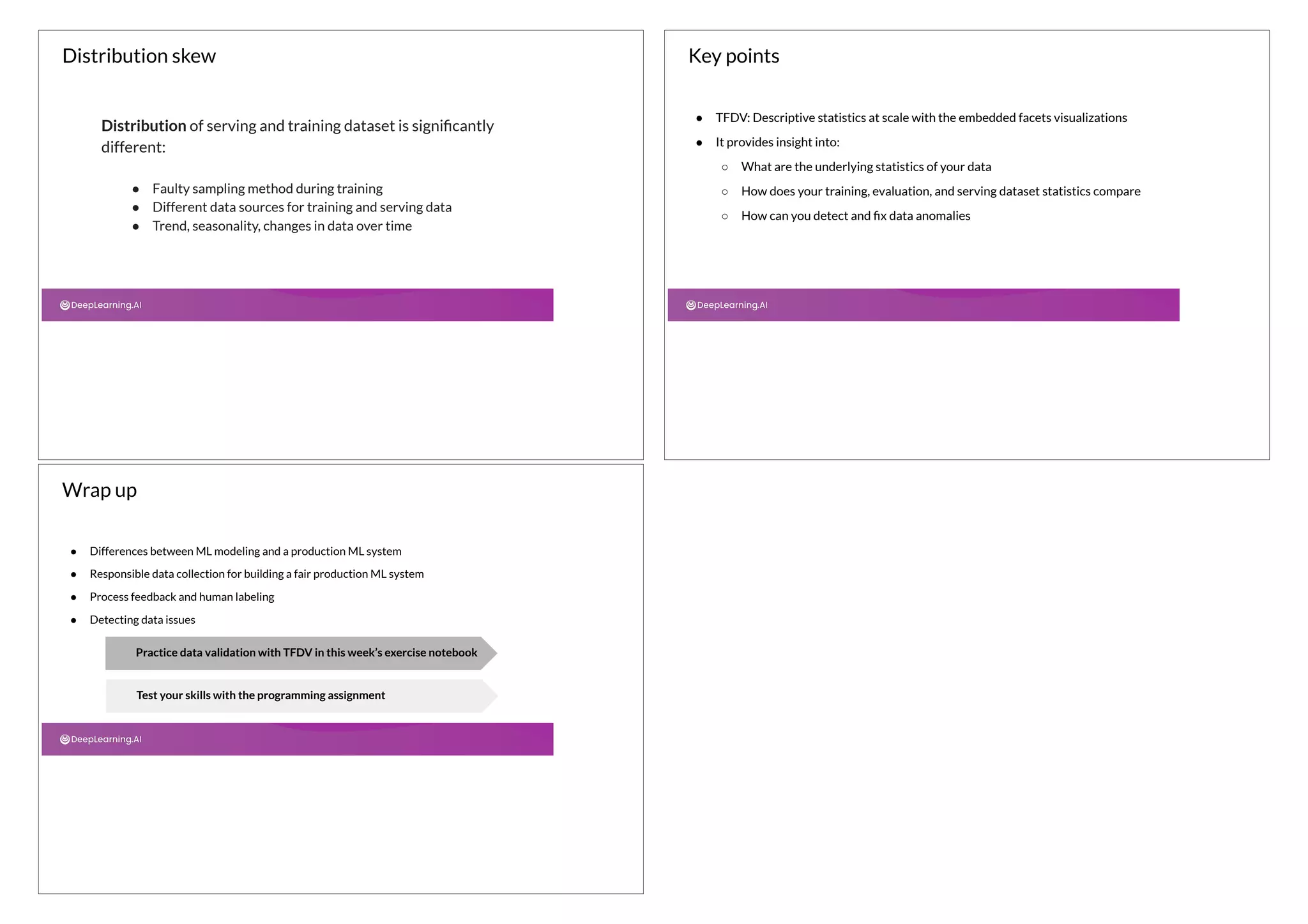 Distribution of serving and training dataset is signiﬁcantly
different:
● Faulty sampling method during training
● Different data sources for training and serving data
● Trend, seasonality, changes in data over time
Distribution skew
● TFDV: Descriptive statistics at scale with the embedded facets visualizations
● It provides insight into:
○ What are the underlying statistics of your data
○ How does your training, evaluation, and serving dataset statistics compare
○ How can you detect and ﬁx data anomalies
Key points
● Differences between ML modeling and a production ML system
● Responsible data collection for building a fair production ML system
● Process feedback and human labeling
● Detecting data issues
Practice data validation with TFDV in this week’s exercise notebook
Test your skills with the programming assignment
Wrap up
 