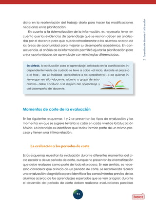 necesarias en la planificación.
En cuanto a la sistematización de la información, es necesario tener en
cuenta que las evidencias de aprendizaje que se reúnan deben ser analizadas por el docente para que pueda retroalimentar a los alumnos acerca de
las áreas de oportunidad para mejorar su desempeño académico. En consecuencia, el análisis de la información permitirá ajustar la planificación para
crear oportunidades de aprendizaje con estrategias diferenciadas.

en síntesis, la evaluación para el aprendizaje, señalada en la planificación, independientemente de cuándo se lleve a cabo –al inicio, durante el proceso
o al final–, de su finalidad –acreditativa o no acreditativa–, o de quienes intervengan en ella –docente, alumno o grupo de estudiantes– debe conducir a la mejora del aprendizaje y
del desempeño del docente.

Momentos de corte de la evaluación
En los siguientes esquemas 1 y 2 se presentan los tipos de evaluación y los
momentos en que se sugiere llevarlos a cabo en cada nivel de la Educación
Básica. La intención es identificar que todos forman parte de un mismo proceso y tienen una íntima relación.

La evaluación y los periodos de corte
Estos esquemas muestran la evaluación durante diferentes momentos del ciclo escolar o de un periodo de corte, aunque no presentan la sistematización
que debe realizarse como parte de todo el proceso. En ese sentido, es necesario considerar que al inicio de un periodo de corte, se recomienda realizar
una evaluación diagnóstica para identificar los conocimientos previos de los
alumnos acerca de los aprendizajes esperados que se van a lograr; durante
el desarrollo del periodo de corte deben realizarse evaluaciones parciales

21

2. La evaluación durante el ciclo escolar

diata en la reorientación del trabajo diario para hacer las modificaciones

 