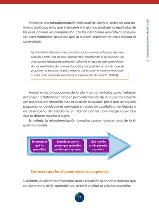 tividad dialógica en la que el docente y el alumno analicen los resultados de
las evaluaciones en comparación con las intenciones educativas propuestas para establecer acuerdos que se puedan implementar para mejorar el
aprendizaje.
La retroalimentación es reconocida por los nuevos enfoques de evaluación como una acción crucial para transformar la evaluación en
una oportunidad para aprender. La forma en que se van comunicando los resultados de una evaluación y las posibles acciones que se
proponen al estudiante para mejorar constituyen el instante más adecuado para aprender mediante la evaluación (Amaranti, 2010:4).

Anotar en las producciones de los alumnos comentarios como “rehacer
el trabajo” o “esforzarse” ofrecen poca información de los aspectos específicos del producto obtenido o de la situación evaluada, por lo que se requiere
proporcionar devoluciones centradas en aspectos cualitativos del trabajo o
de desempeño del estudiante en relación con los aprendizajes esperados
que se desean mejorar o lograr.
En síntesis, la retroalimentación formativa puede representarse de la siguiente manera:

Determinar
qué ha
aprendido

Establecer qué se
quiere que aprenda o
qué falta por aprender

Qué tipo de
ayuda permite
aprender

Favorecer que los alumnos aprendan a aprender
Si durante los diferentes momentos de la evaluación el docente detecta que
sus alumnos no están aprendiendo, deberá analizar su práctica docente.

37

2. La evaluación durante el ciclo escolar

Respecto a la retroalimentación individual del alumno, debe ser una ac-

 