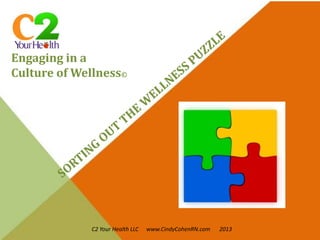 Engaging in a
Culture of Wellness©
C2 Your Health LLC www.CindyCohenRN.com 2013
 