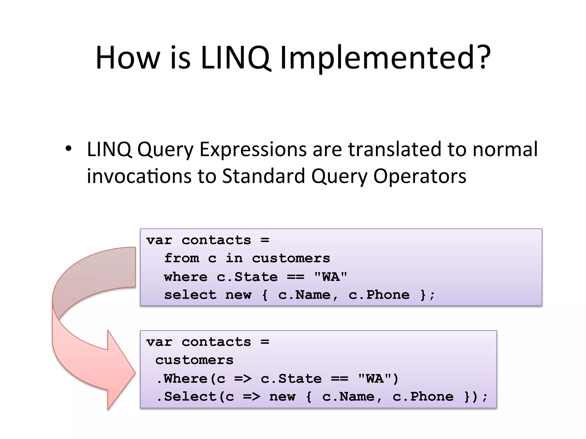 How	
  is	
  LINQ	
  Implemented?	
  

•  LINQ	
  Query	
  Expressions	
  are	
  translated	
  to	
  normal	
  
   invocaQons	
  to	
  Standard	
  Query	
  Operators	
  
    	
  

            var contacts =
              from c in customers
              where c.State == "WA"
              select new { c.Name, c.Phone };


            var contacts =
             customers
             .Where(c => c.State == "WA")
             .Select(c => new { c.Name, c.Phone });
 