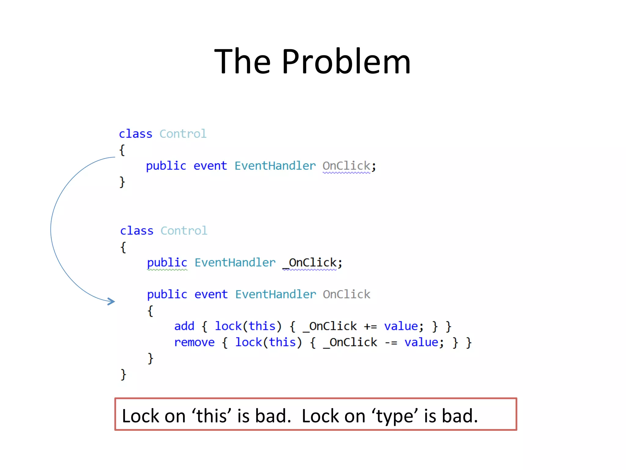 The	
  Problem	
  




Lock	
  on	
  ‘this’	
  is	
  bad.	
  	
  Lock	
  on	
  ‘type’	
  is	
  bad.	
  
 