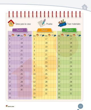 Tarea para la casa

Prueba

Junio

Traer materiales

Julio

Agosto

Día

Día

Día

Día

Día

Día

1

17

1

17

1

17

2

18

2

18

2

18

3

19

3

19

3

19

4

20

4

20

4

20

5

21

5

21

5

21

6

22

6

22

6

22

7

23

7

23

7

23

8

24

8

24

8

24

9

25

9

25

9

25

10

26

10

26

10

26

11

27

11

27

11

27

12

28

12

28

12

28

13

29

13

29

13

29

14

30

14

30

14

30

15

15

31

15

31

16

16

16

11

 