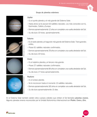Describir características de algunos componentes
del Sistema Solar

Grupo de planetas exteriores
Júpiter
– Es el quinto planeta y el más grande del Sistema Solar.
– Hasta ahora se le asocian 63 satélites naturales. Los más conocidos son Io,
Ganímedes, Calisto y Europa.
– Demora aproximadamente 12 años en completar una vuelta alrededor del Sol.
– Su día dura 10 horas, aproximadamente.

Wikimedia Commons

Saturno
– Es el sexto planeta y el segundo más grande del Sistema Solar. Tiene grandes
anillos.
– Posee 61 satélites naturales confirmados.
– Demora aproximadamente 29 años en completar una vuelta alrededor del Sol.
– Su día dura 10 horas.
Urano
– Es el séptimo planeta y el tercero más grande.
– Posee 27 satélites naturales confirmados.
– Demora aproximadamente 84 años en completar una vuelta alrededor del Sol.

NASA/JPL/University of Arizona

– Su día dura 17 horas aproximadamente.
Neptuno
– Es el octavo planeta.
– Se le reconocen hasta el momento 13 satélites naturales.
– Demora aproximadamente 165 años en completar una vuelta alrededor del Sol.
– Su día dura aproximadamente 15 días.

En el Sistema Solar también existen otros cuerpos celestes que orbitan el Sol llamados planetas enanos.
Algunos planetas enanos reconocidos por la Unidad Astronómica Internacional son Plutón, Ceres y Eris.

163

 